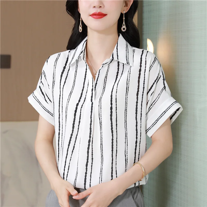 Satin Short Sleeved Shirt for Women Summer New Commuting Professional OL Blouse Temperament Mulberry Silk Striped Ladies Tops