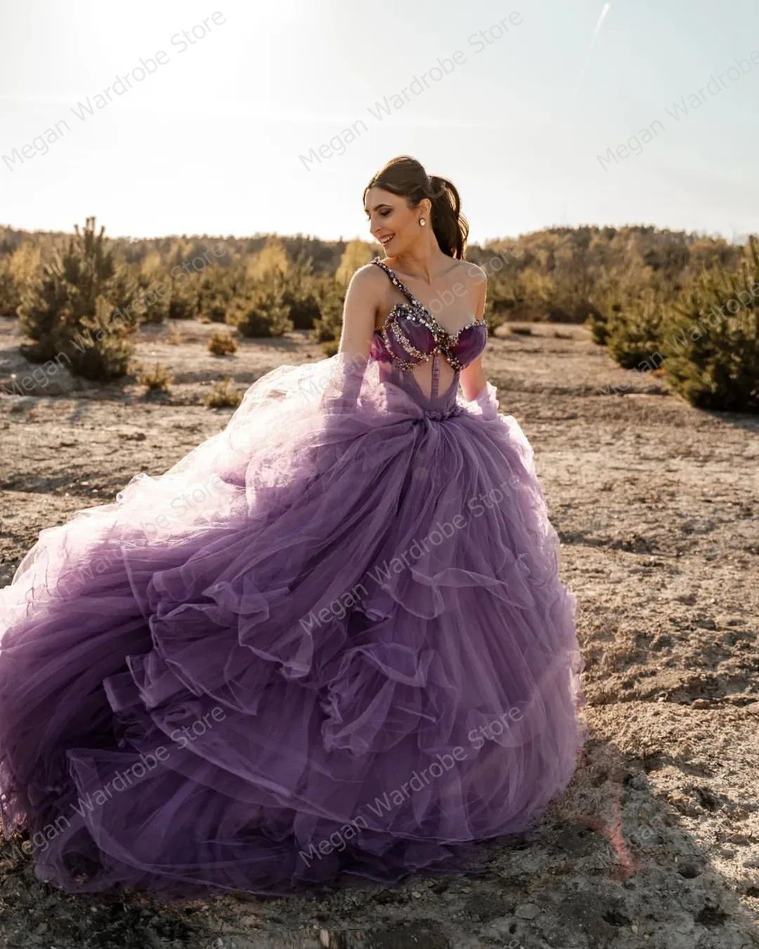 Grape Purple One Shoulder Garden Women Gowns Glitter Crystal Sequins Tulle Dress Puffy A-line Floor Length Long Evening Dresse