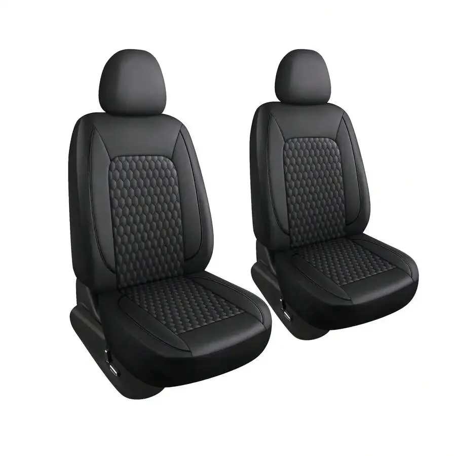 Two-Seat Car Seat Covers (Driver And Front Passenger), Fully Enclosed, Leather Details, Hexagonal Diamond Pattern, Waterproof An