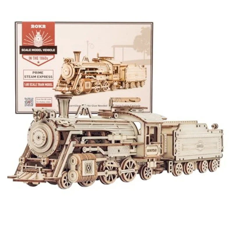 Robotime Steam Train 3D Puzzle Wooden Model Kits Self Assembly Mechanical Construciton Craft Kit for Adult Kids Teens