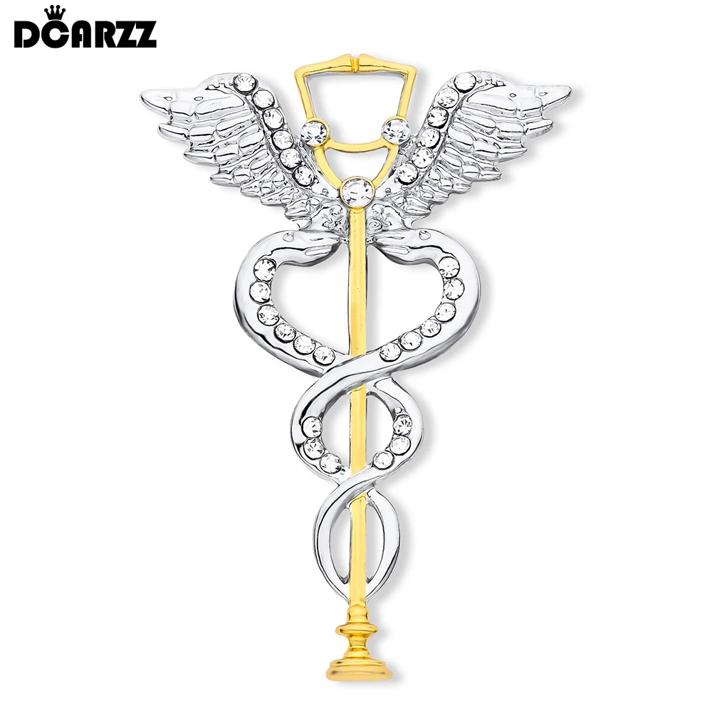 DCARZZ Luxury Caduceus Medical Charm Crystal Brooch Pins Stethoscope Snake Medicine Lapel Backpack Badge Jewelry Gift for Doctor