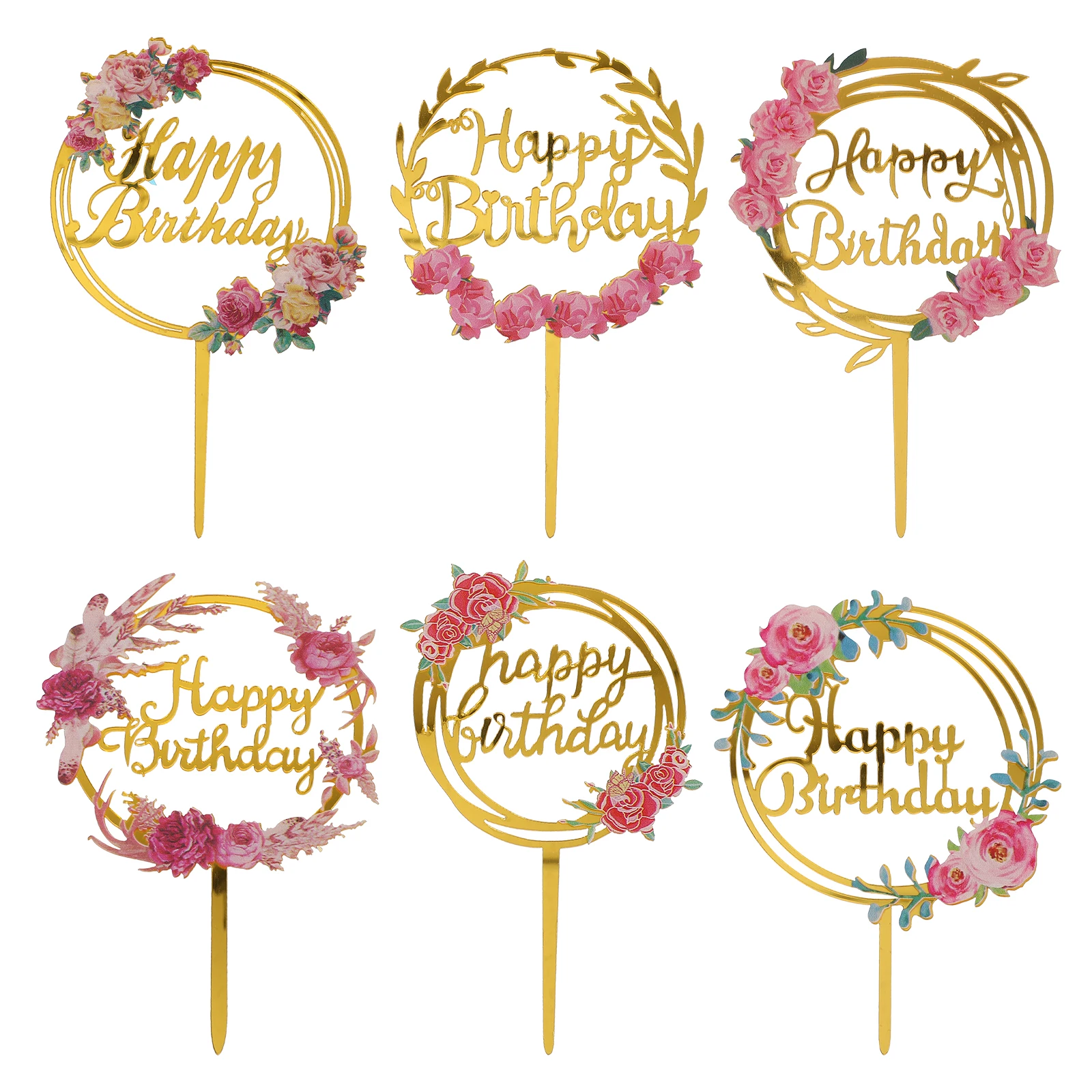 

6 pcs Acrylic Flower Cake Toppers Reusable Birthday Decorations Happy Birthday Ornaments Stylish Photo Props Party Gifts