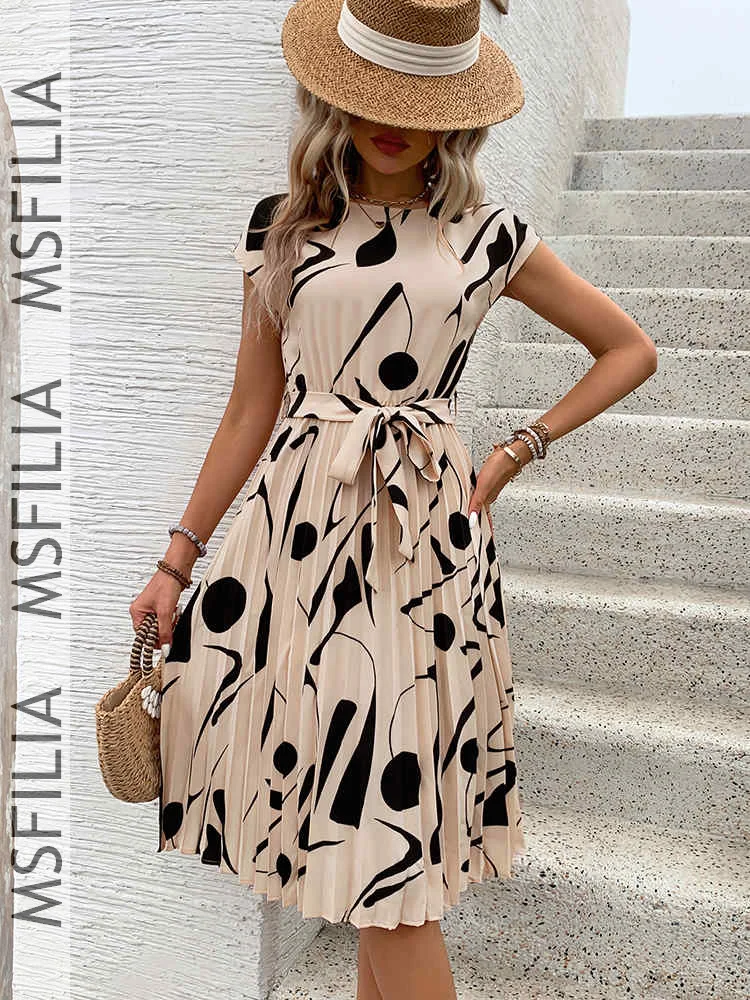 Msfilia Spring Summer Fashion Print Dress Women Short Sleeve A-Line Elegant Dress with Belt