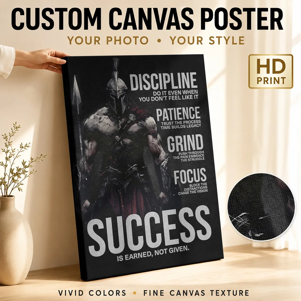 Spartan Warrior Success Quote Framed Canvas Print Personalized Photo Typography Wall Art For Training Room, Goal Setter Gift