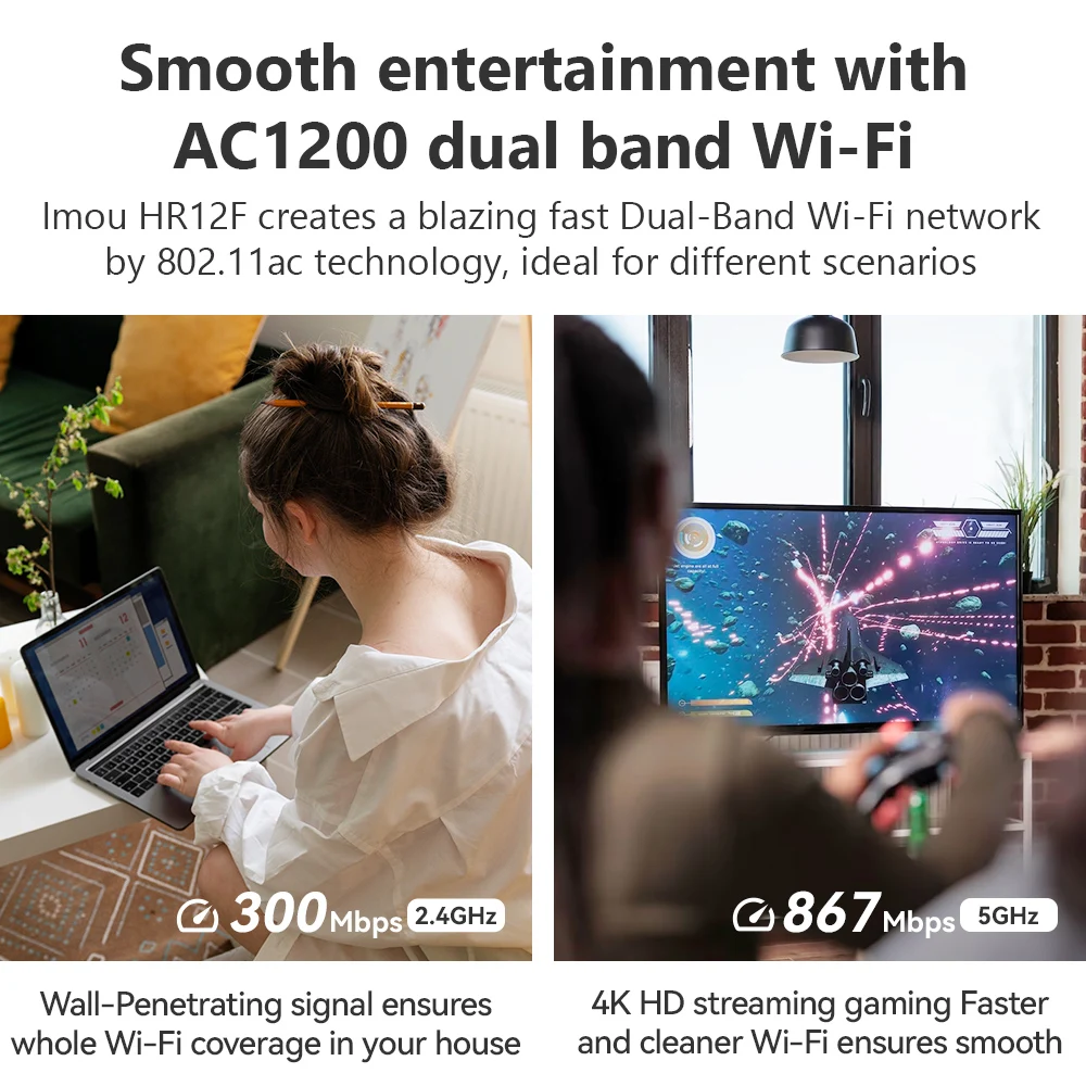 IMOU AC1200 Dual-Band Wi-Fi HR12F 5GHz+2.4GHz WiFi 5 Router Long Router 8MB ROM and 64MB With 4x 5dBi External Antennas Router