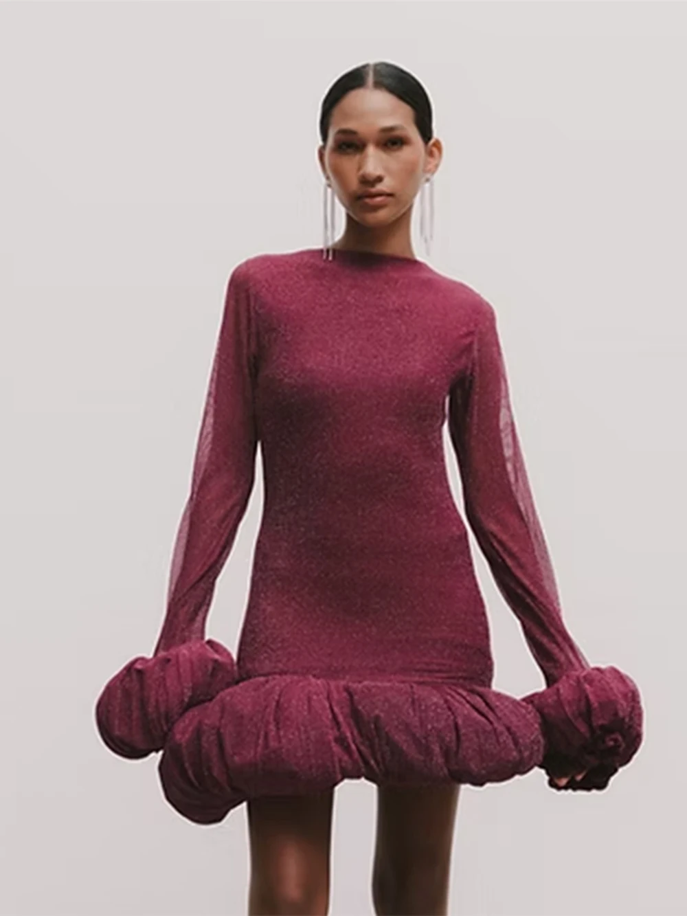 Modphy Elegant Slimming Spliced Ruched Mini Dresses For Women Flower Bud Design With Long Sleeves High Waist Dress Female New