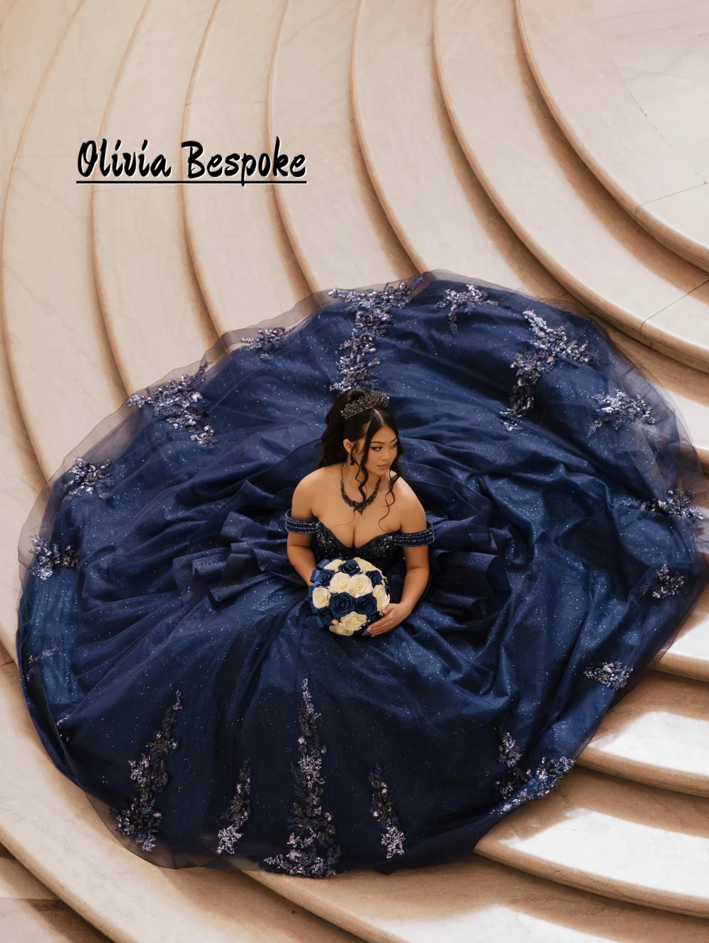 Vestido de Quinceañera Azul Marino con Hombros Descubiertos, Corsé con Hermosos Pedreríos, Vestido de Gala Brillante Personalizado para Mujeres de 15 a 16 Años, Ropa de Fiesta