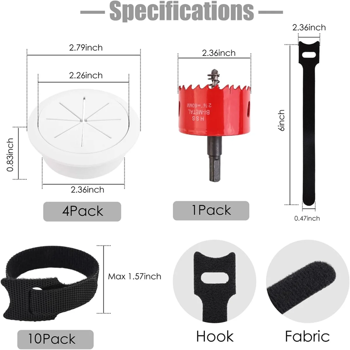 Corretivo para TV de parede, Kit de gerenciamento de cabos, 2-3/8 "(60mm), 4 Pack