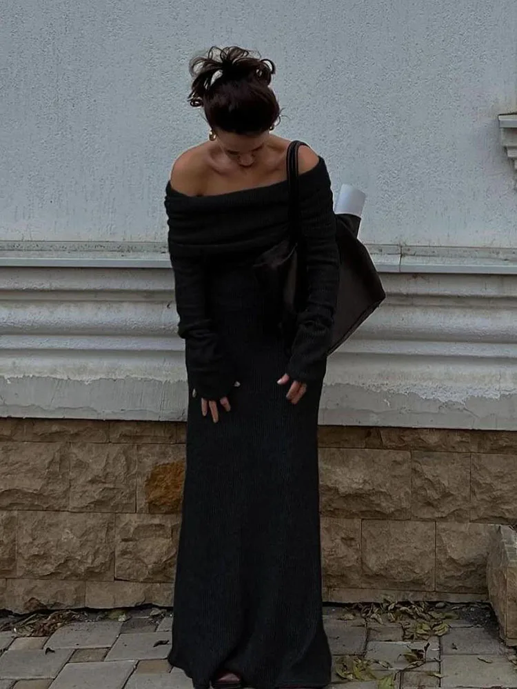 Off Shoulder Maxi Knitted Dress for Women Autumn Winter Fashion Elegant Chic Long Sleeve Black Dresses Street Slim Evening Robes