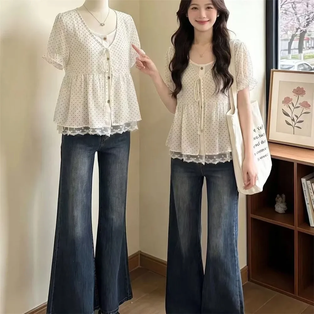 Sommerliches Polka-Dot-Shirt mit Schnürung für Damen, koreanische Mode, V-Ausschnitt, lockere T-Shirts 2026, Puffärmel, Y2K, Spitzen-Patchwork, Crop-Tops, Tees – Detail 8