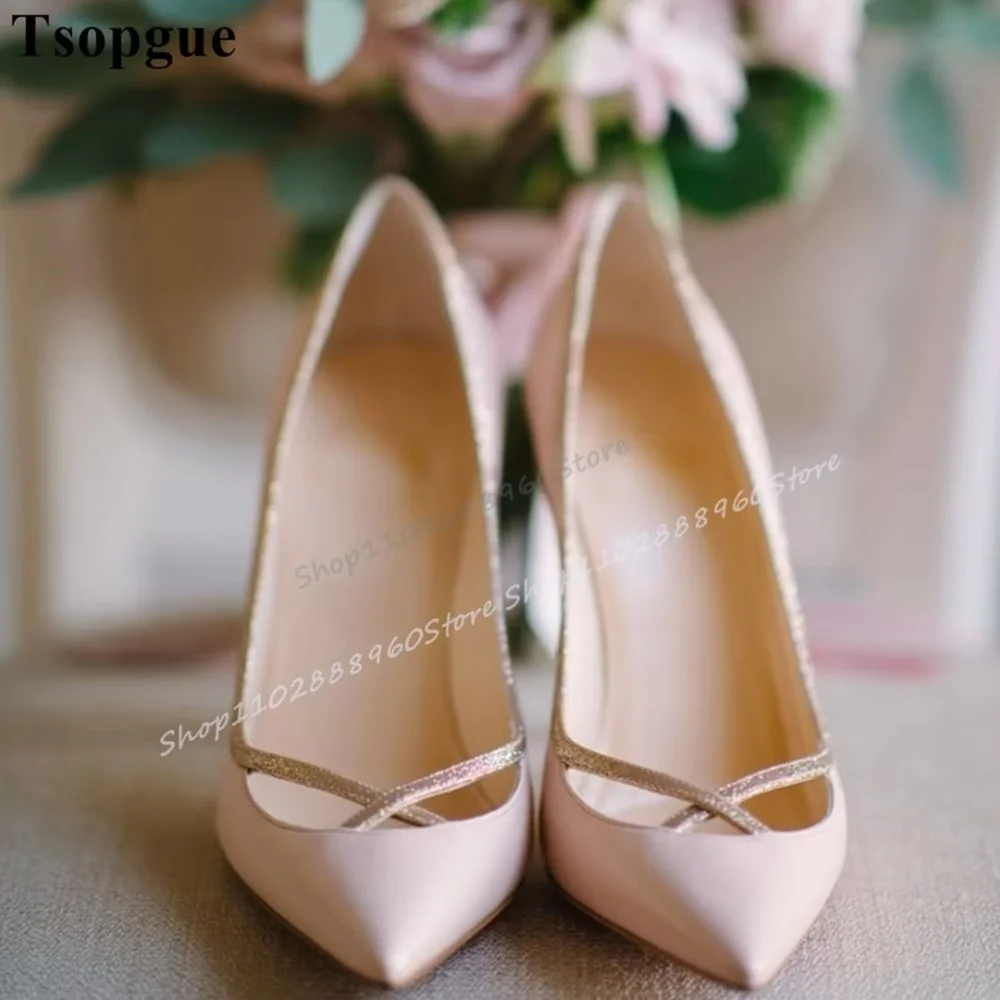 

Nude Crossing Strap Elegant Pointy Pumps Stilettos High Heel Shoes For Women Slip On Pointed Toe Gorgeous Banquet Trendy Pumps
