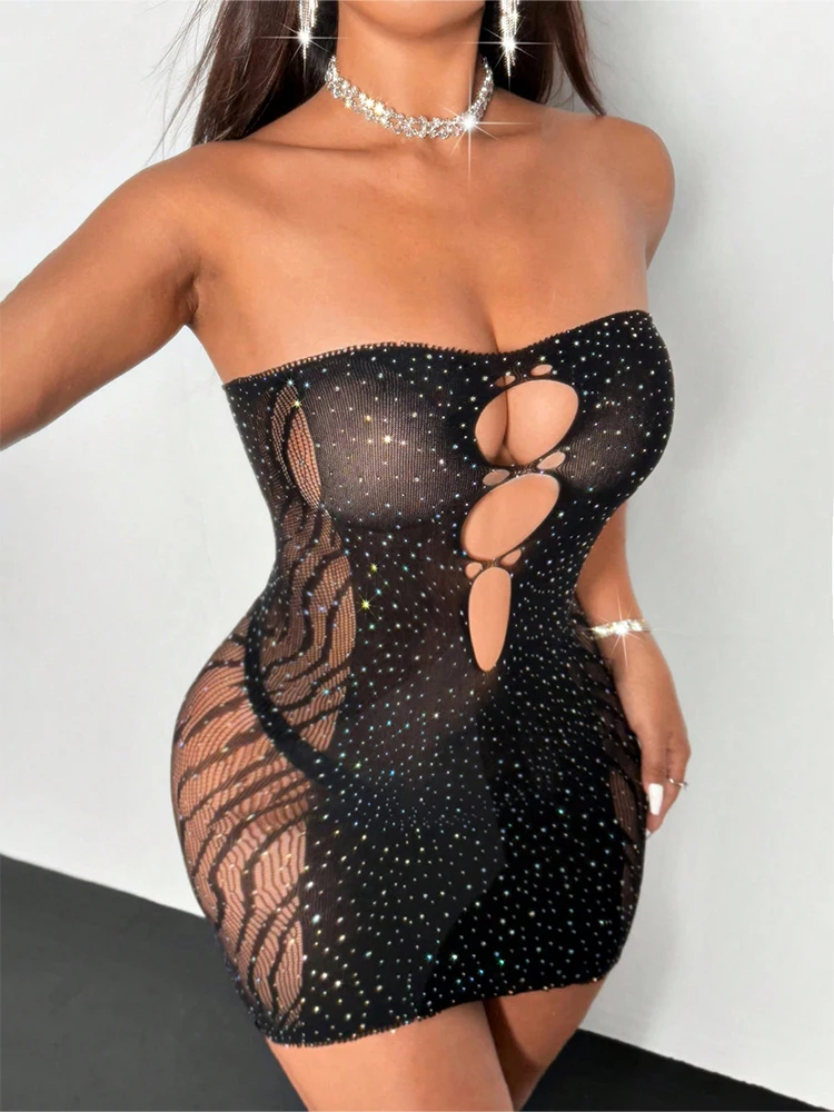 فستان نسائي مثير بحجر الراين شبكي بدون حمالات فستان قصير ضيق لحفلات النادي الليلية