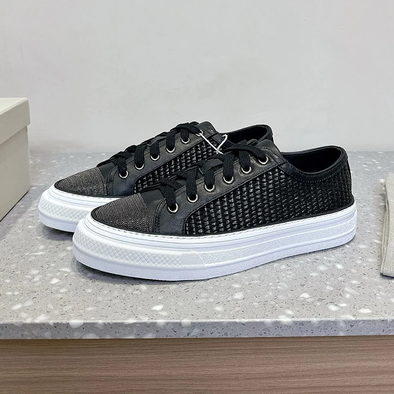 Scarpe basse con fondo spesso con lacci e perline Scarpe casual con design intrecciato in vera pelle Scarpe da passeggio autunnali primaverili unisex