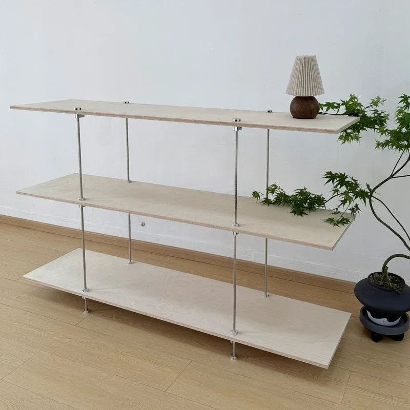 Simple birch multi-layer board rack, stainless steel optical axis floor display rack, object storage rack, bookshelf