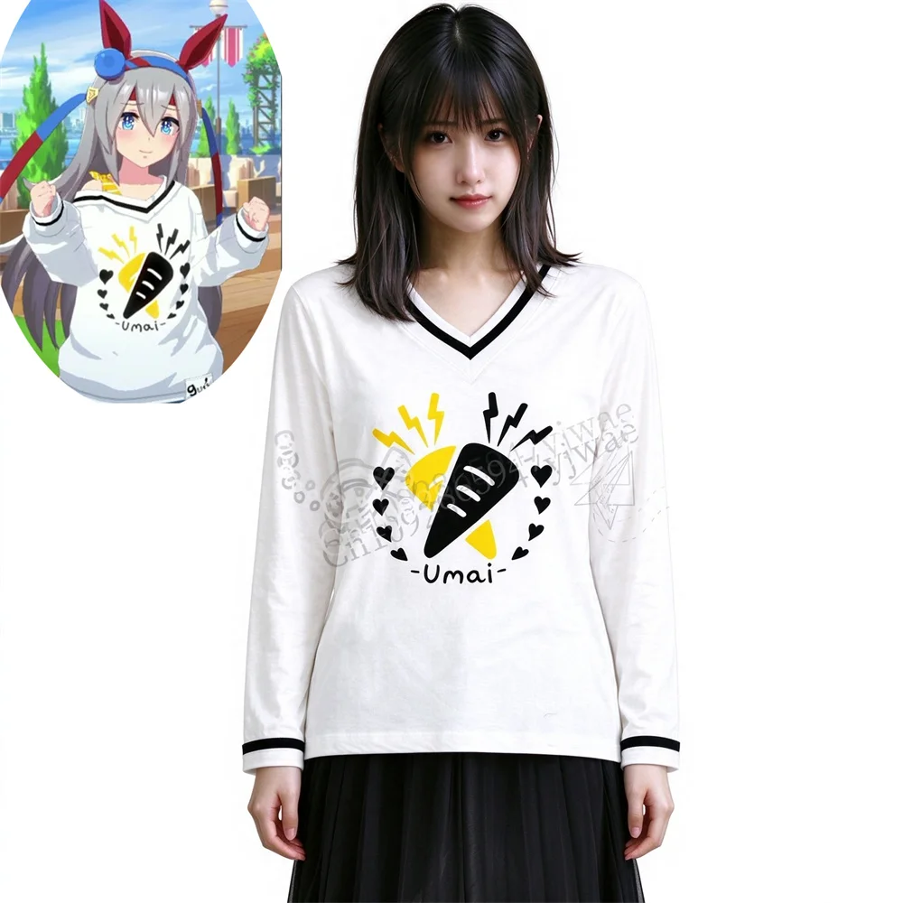 Pretty Derby Tamamo Cross Carrot Pattern Long Sleeve T-Shirt White Loose Top Cosplay Costume Autumn Women'S T-Shirt