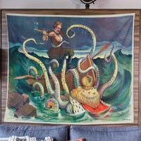 Vintage Octopus Wall Tapestry - Nautical art with tentacles and sailor illustration, soft velvet polyester, easy to install