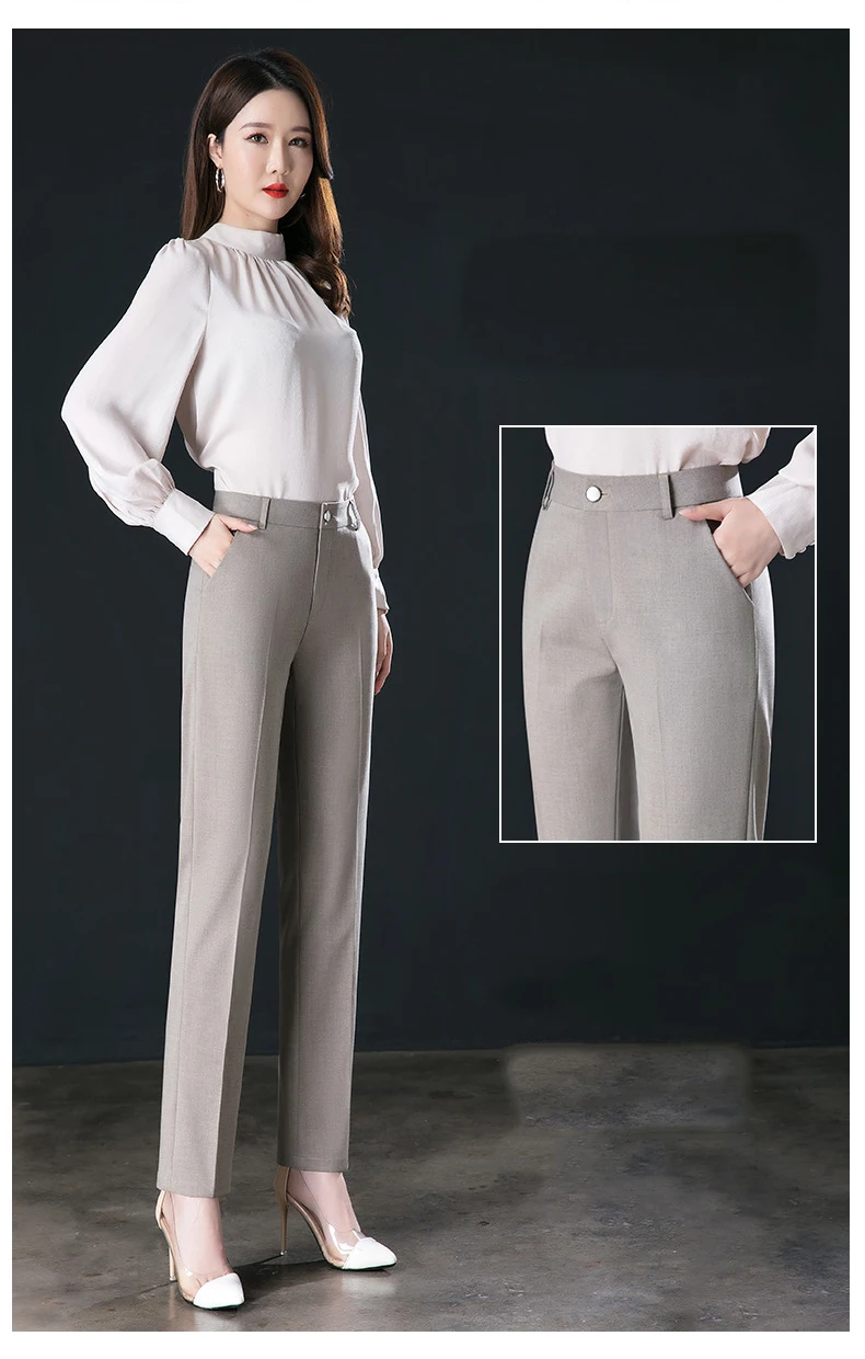 2025 Spring Fall Black Elegant Career Formal Suit Pants Women, Khaki Straight High Waist Loose Women's Work Trousers/cargo Pants