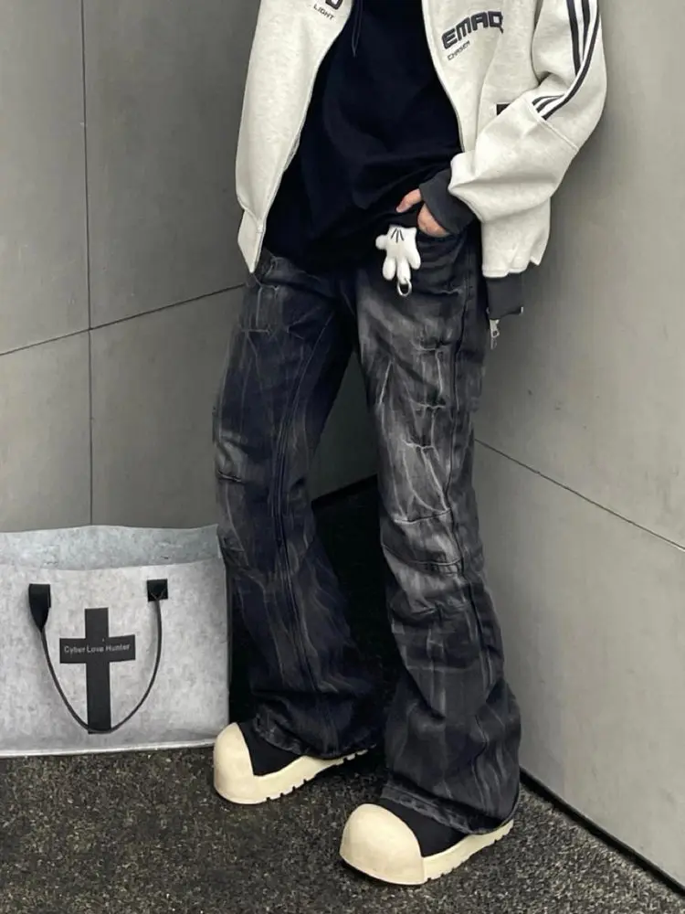 Cleanfit American High Street Vintage Folded Lightning Pattern Loose Straight Leg Men's Jeans Casual Long Trousers Trendy