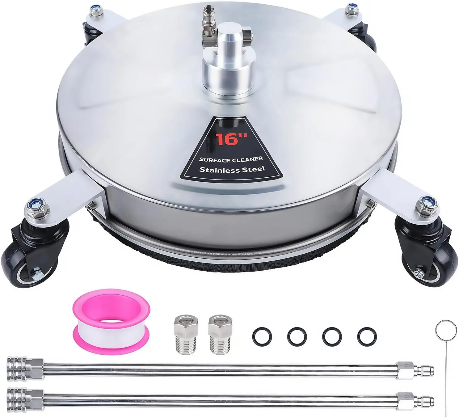 

16" Pressure Washer Surface Cleaner, Stainless Steel, 4000 PSI, 4 Wheels, 1/4" Quick Connector, 2 Extension Wands, 2 Nozzles