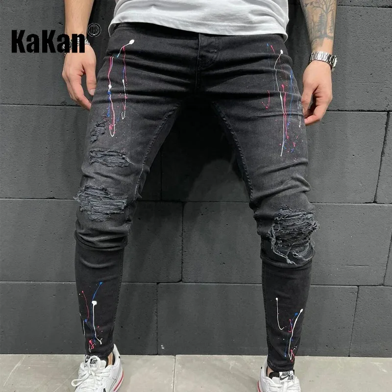 

Kakan - New Men's Wear Hole Printed Jeans, Y2k Men's Pants Spray Paint Elastic Small Foot Long Jeans Jeans Man Brand