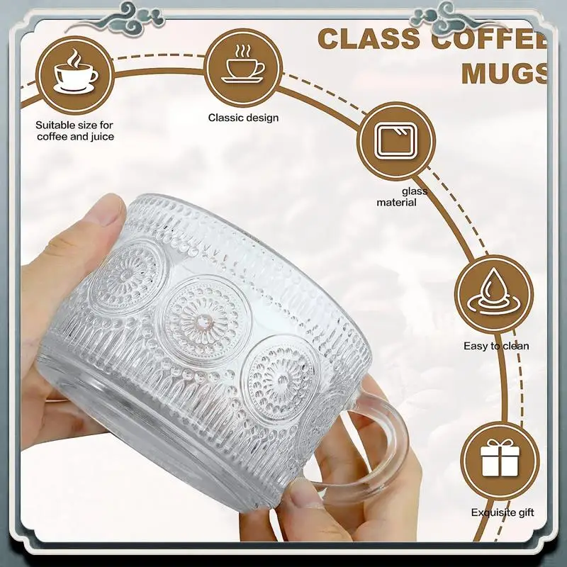 Durable Vintage Coffee Glass Mugs Set Of 2, Glass Coffee Tea Cups With Bamboo Lids, Coaster And Spoons,15Oz Clear Embossed Durab