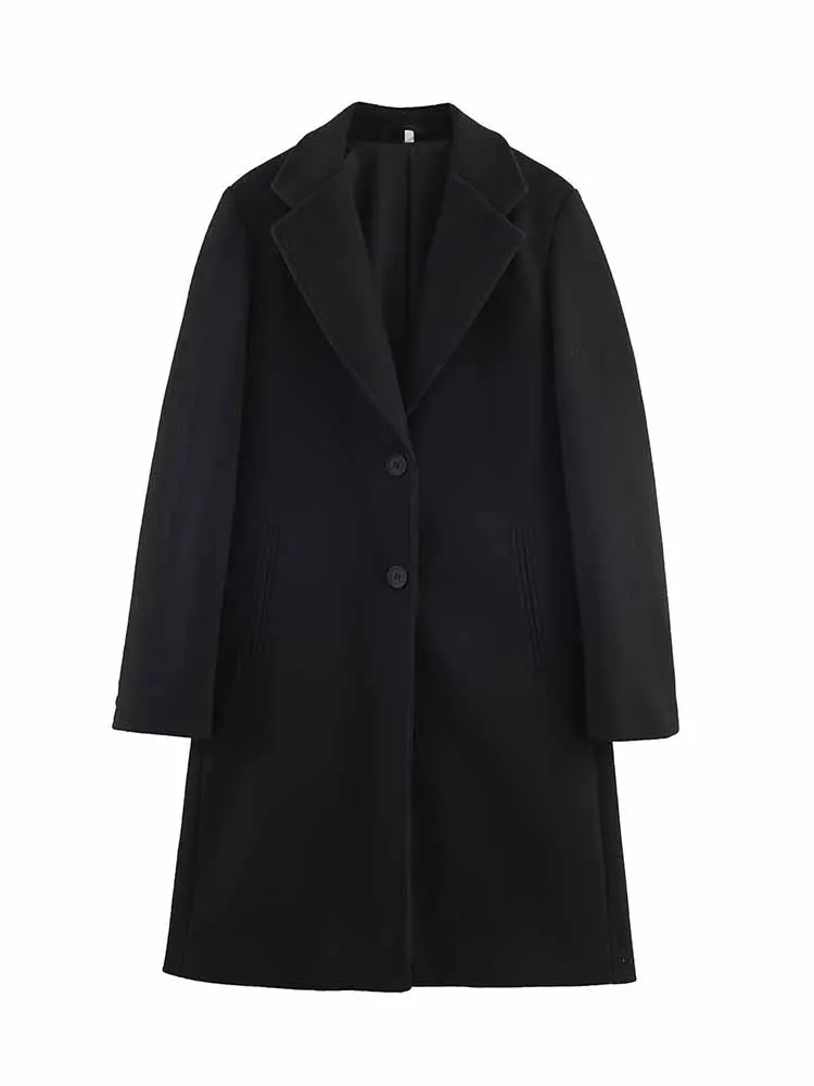 HH mujer moda de invierno manga larga solapa tela suave hombreras abrigo largo de un solo pecho mujer Casual abrigo de viaje