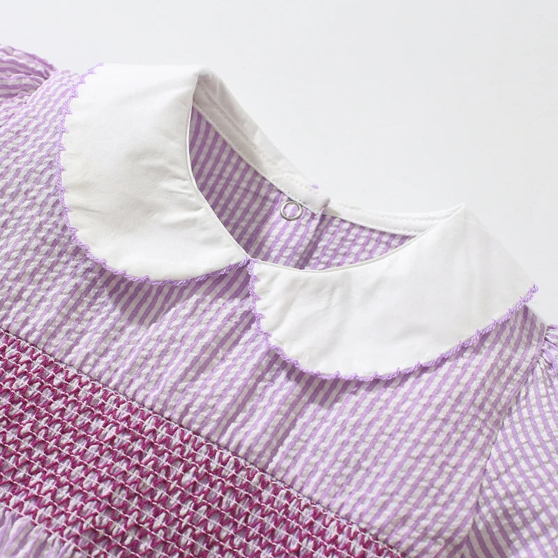 TUONXYE Girls Woven Dress Rabbit Flowers Embroidery Back Button Short Sleeve Striped Kids Princess Dresses For Little Babys
