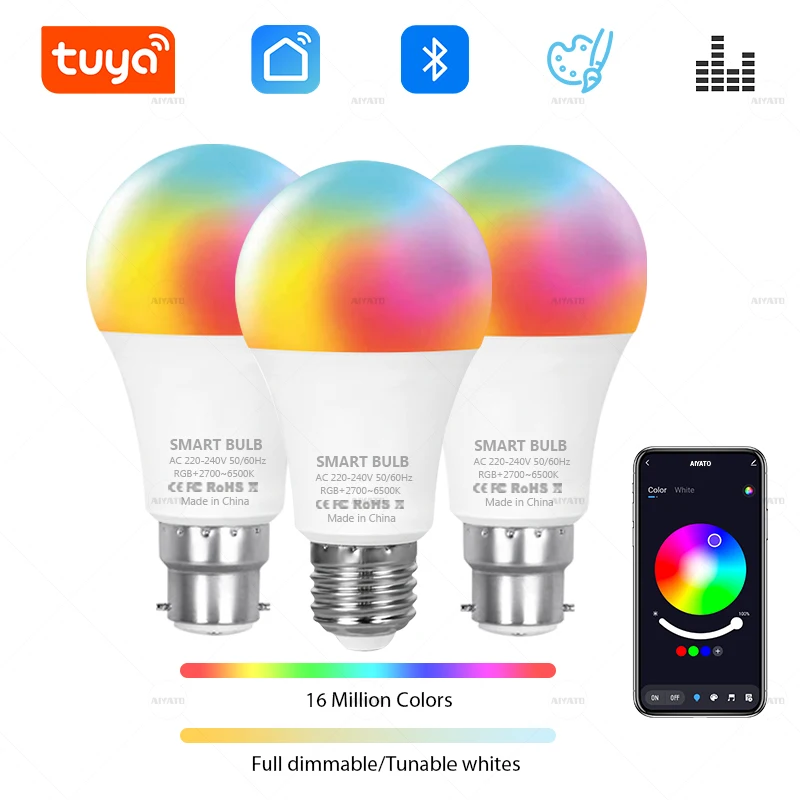 Tuya Bluetooth LED Bulb Dimmable 15W 18W E27 B22 220V RGBCW Color Change Lamps  Smart Life APP Group Control Music Rhythm Timing