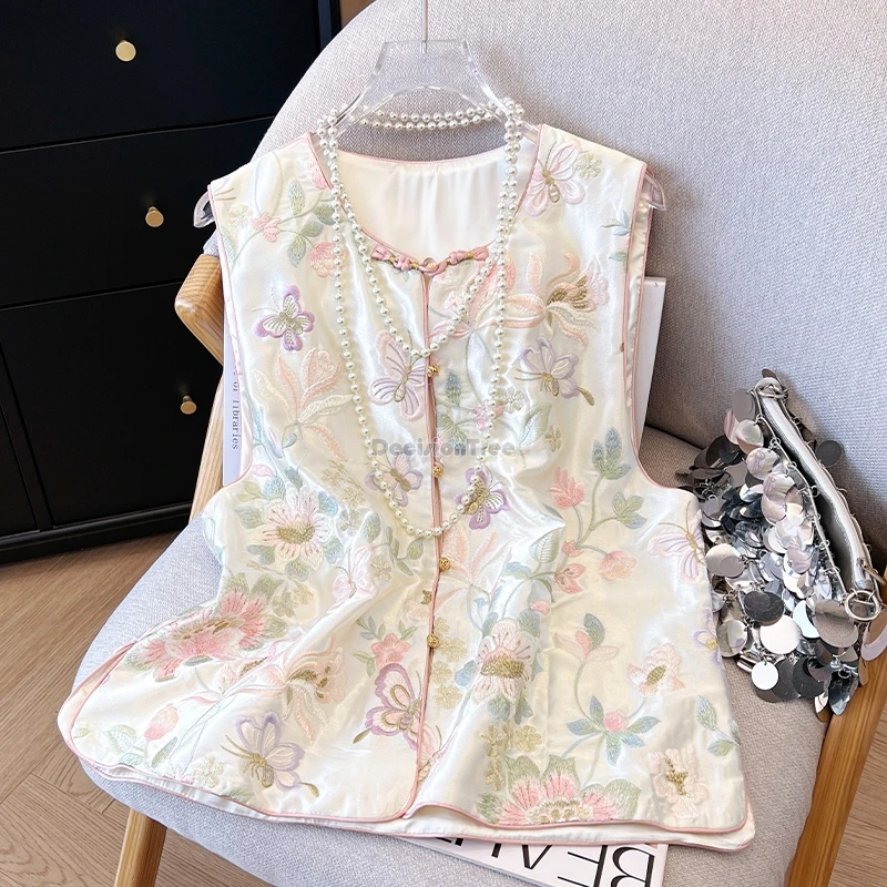 

Новинка 2025 года, китайский улучшенный жилет в стиле ретро, осенний жилет с вышивкой, Cheongsam без рукавов, костюм Тан на пуговицах, куртка, топ t001