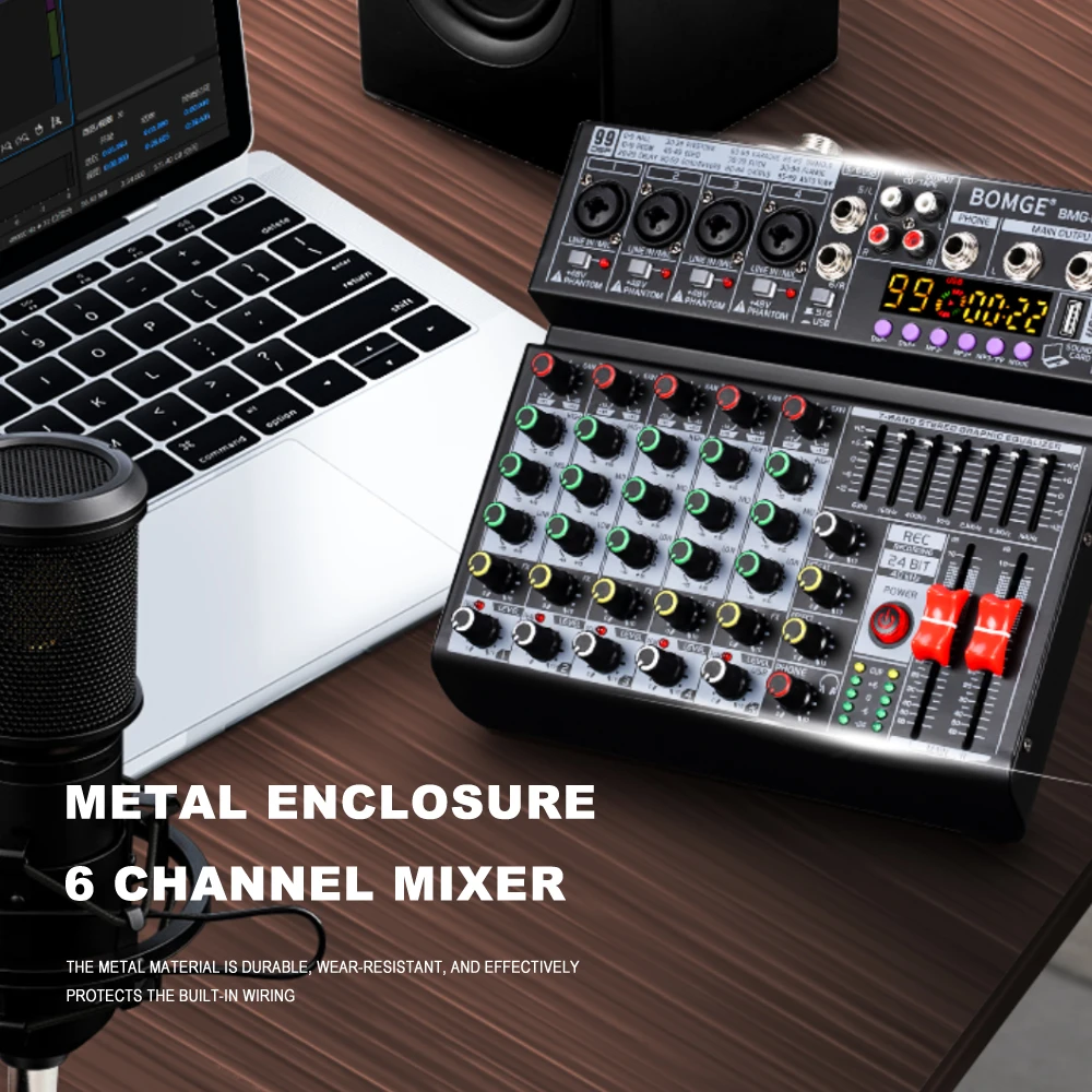 BOMGE 6 channel 99DSP effects audio mixer 7 Band EQ Control With headphone monitoring with Bluetooth MP3 6.35mm outputs