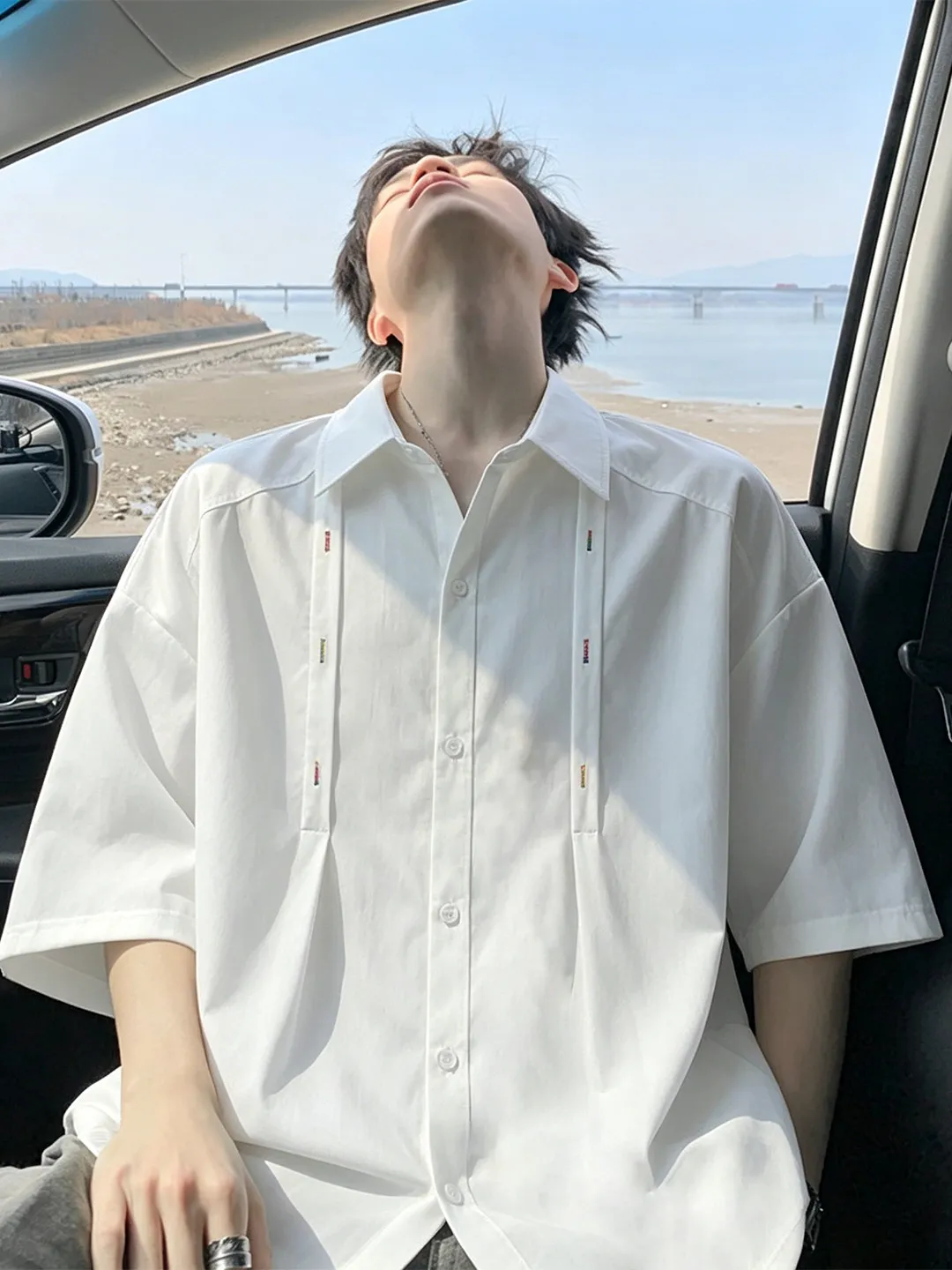 Men's Short Sleeve Strap Detail Shirt Summer Thin Casual Blouse Deconstructed Oversize Casual Streetwear Top