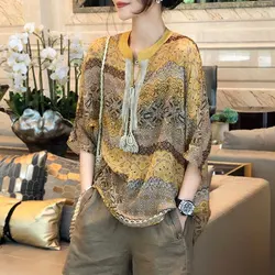 Folk Vintage Printed Straight Blouse 2023 Summer Thin Half Sleeve Women's Clothing Stylish Round Neck Drawstring Commute Shirt