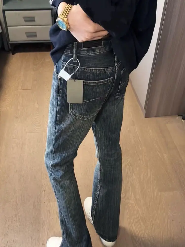 High Quality Vintage Washed Blue Bamboo Joint Denim Jeans Men Women Universal Micro Flared Long Trousers Trendy Fashionable