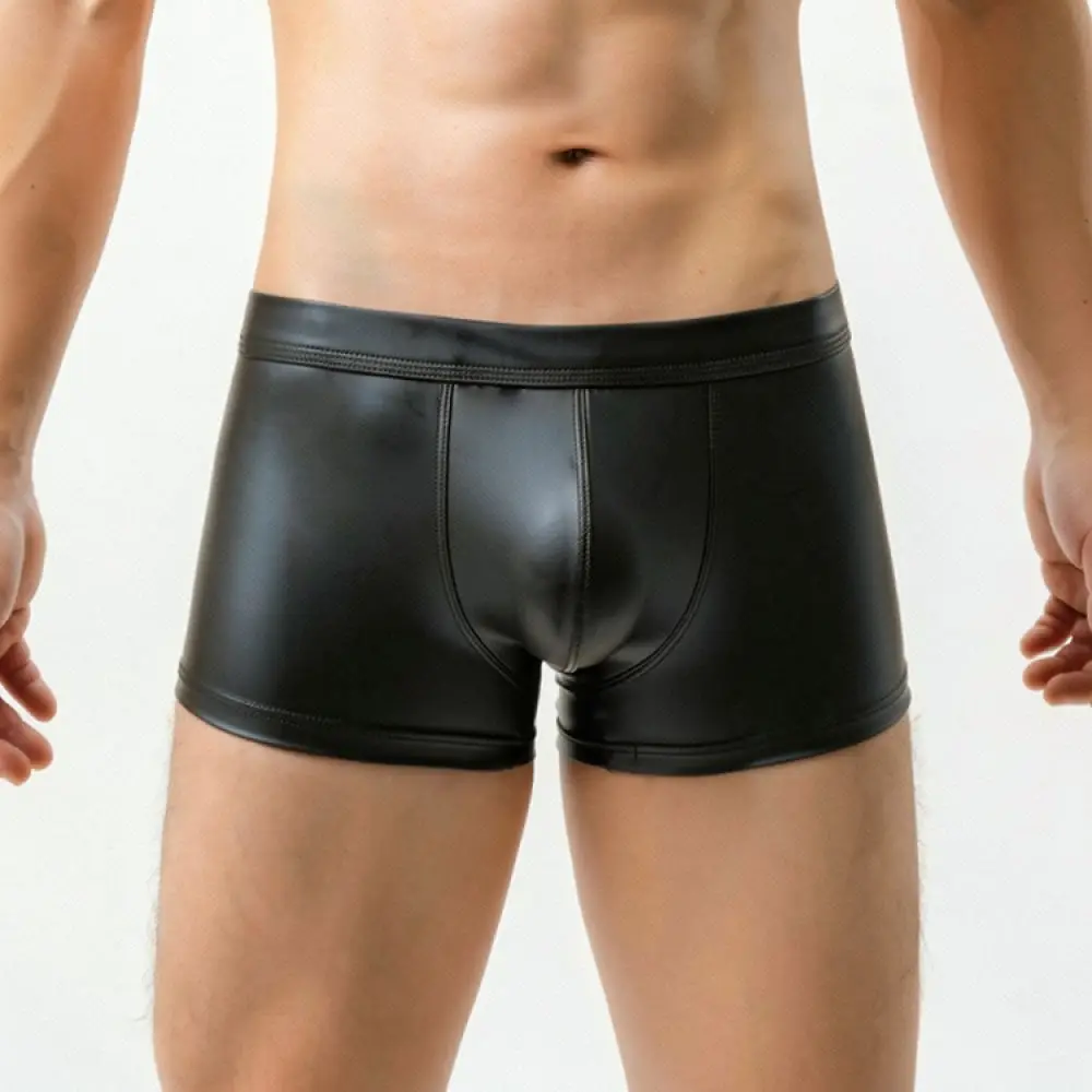 Sexy Mens Wet Look Boxer Briefs Faux Leather Low Waist Underwear Shiny Elastic Soft Trunks Breathable Clubwear For Neiyiiku