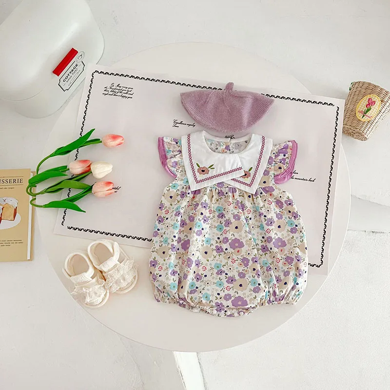 Summer Sleeveless Baby Girls Bodysuit Embroidery Square Collar Floral Infant One Piece Lovely Purple Flower Newborns Jumpsuit