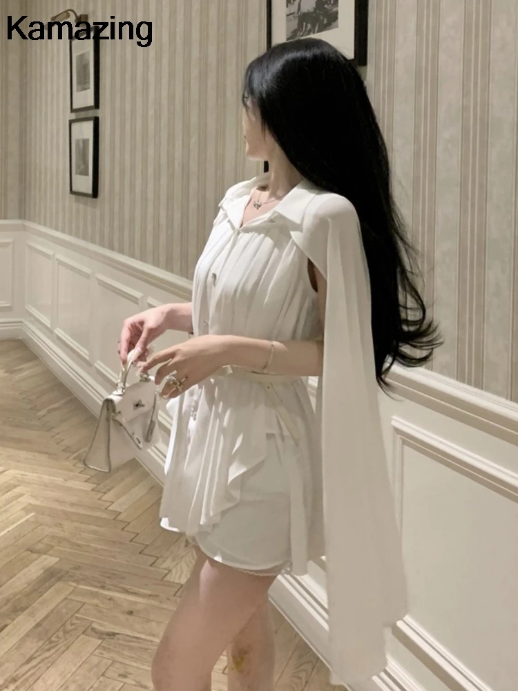 Elegant White Shirt Dress With Belt Office Lady Casual Single Breasted Chiffon Pleated Dresses Women Solid Korean Clothes Summer