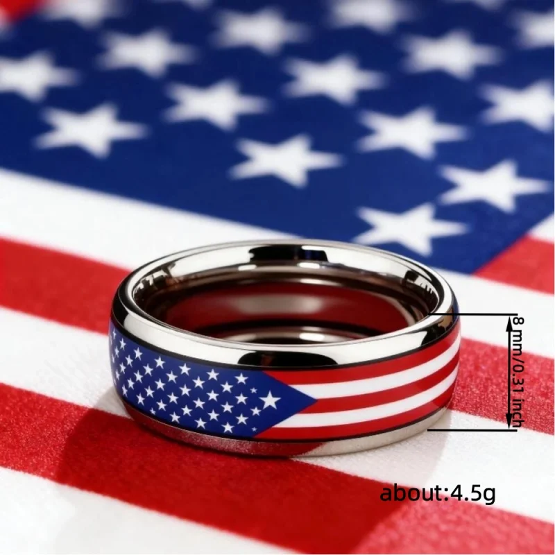 Huitan 8mm American US Flag Pattern Men Women Stainless Steel Ring United States National Flag Band Ring Accessories Jewelry
