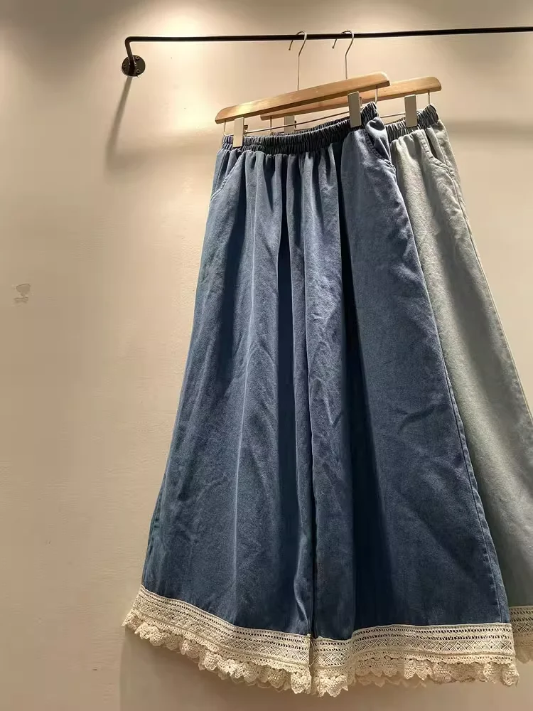 

2025 Sweet Mori Girl Jeans Lace Embroider Patchwork Denim Pants Women Elastic Waist Casual Loose Wide Leg Pants