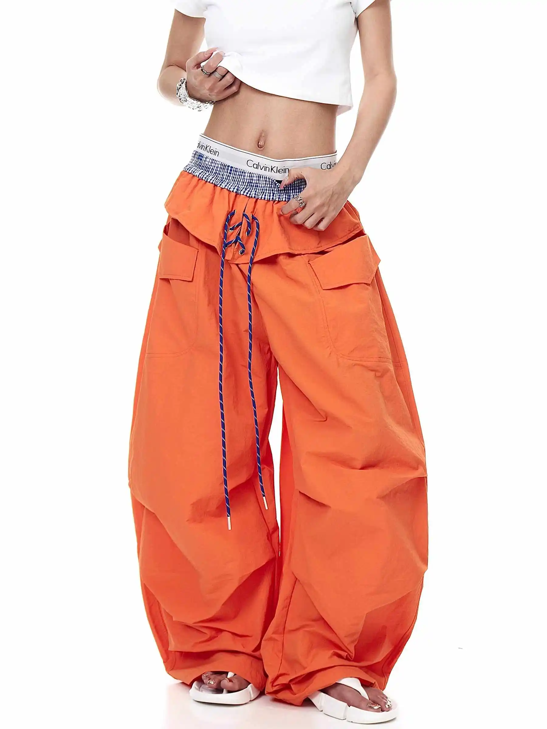 

Women Orange Baggy Y2k Cargo Parachute Pants Oversize Patchwork Sweatpants Harajuku Japanese 2000s Style Vintage Trousers 2025