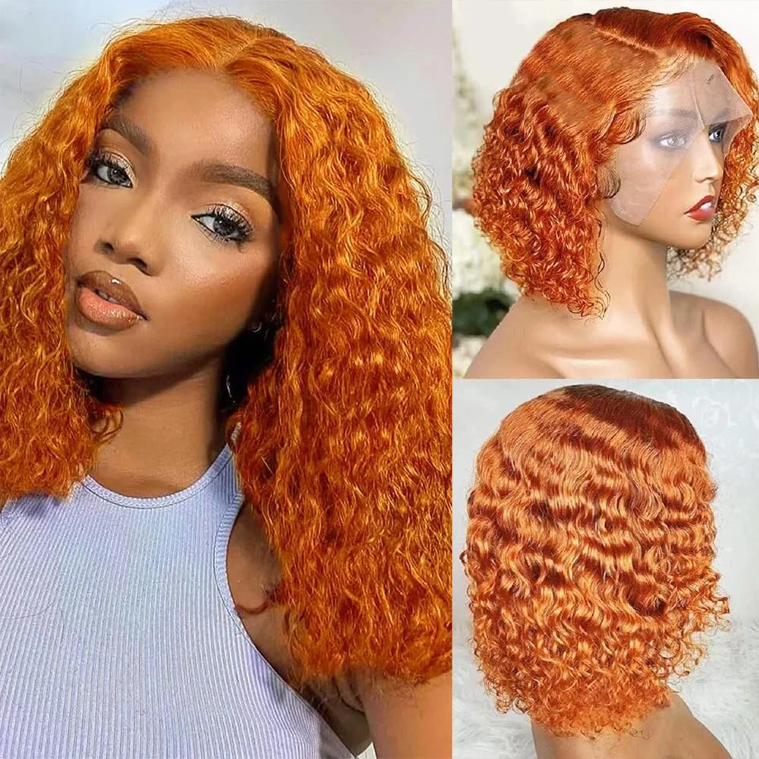 الزنجبيل البرتقالي موجة عميقة شعر مستعار الدانتيل قبل قطعها البرازيلي ريمي 13x6x1 T جزء شعر مستعار شعر بشري قصير عميق مجعد بوب شعر مستعار 350 اللون #4