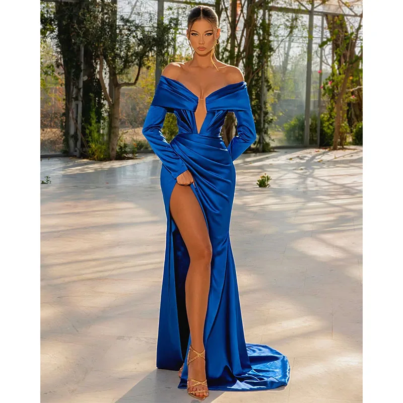 Elegant Royal Blue Evening Dresses Pleats Party Prom Sweep Train Split Long Dress For Red Carpet Special Occasions