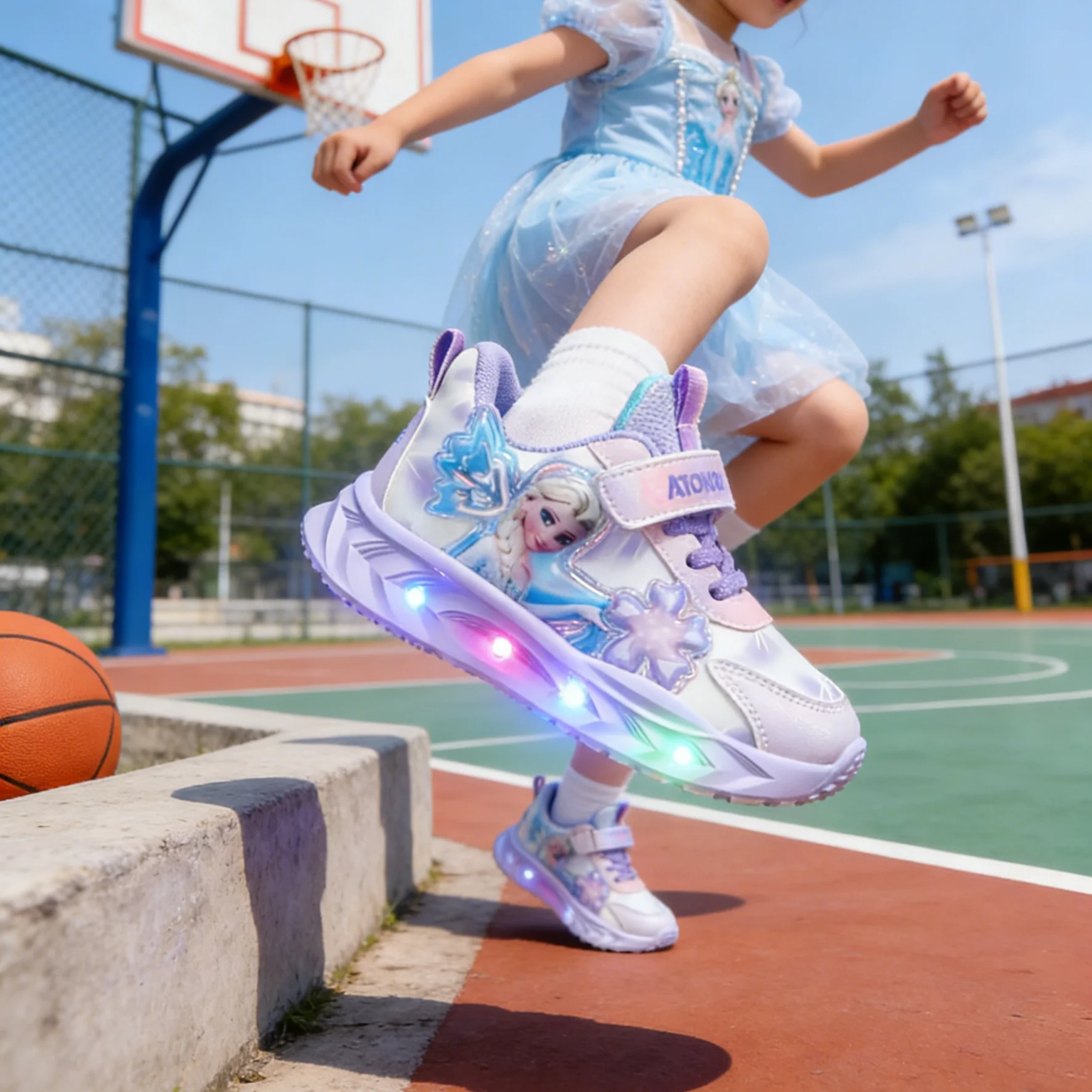 Kids'Casual Shoes Led Light Elsa Princess Frozen PU Leather Spring Running Shoes For Girls Anti-slip Pink Pruple Size 23-35