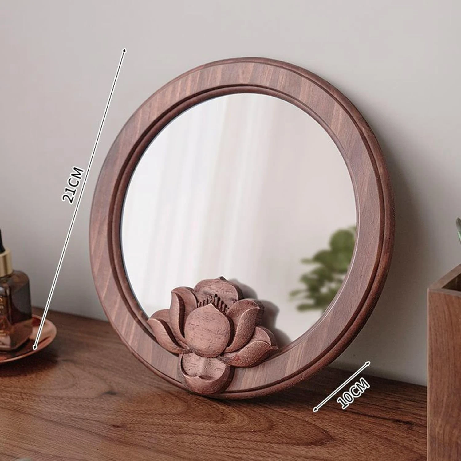 Desk Make   with Wood Frame, Retro Flower Carving Table  for Bedroom and Living Room, Round Vanity  (9.4 * 8.27inch)