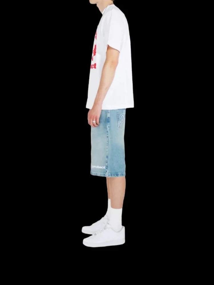 HOUZHOU Y2k Vintage Harajuku krótkie dżinsy damskie sprany haft amerykański Retro męskie dżinsy Jorts Baggy hiphopowy sweter lato