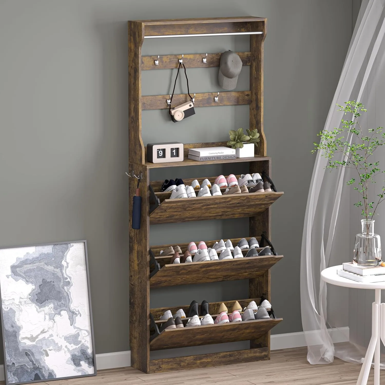 

Shoe cabinet with 3 flip drawers and hangers, narrow concealed, ultra-thin independent shoe rack storage