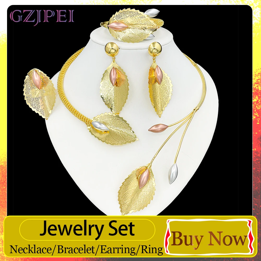 GZJPEI 2026 New Luxury Tricolor Jewelry Set Fashion Lightweight Tri Tone Natural Leafs Bridal Wedding Party Jewelry Accessories