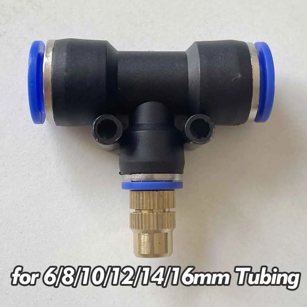 Brass Misting Nozzle with Tee Adapter Adjustable Atomizer Sprayer Outdoor Garden Irrigation Watering 6/8/10/12/14/16mm PE Tubing