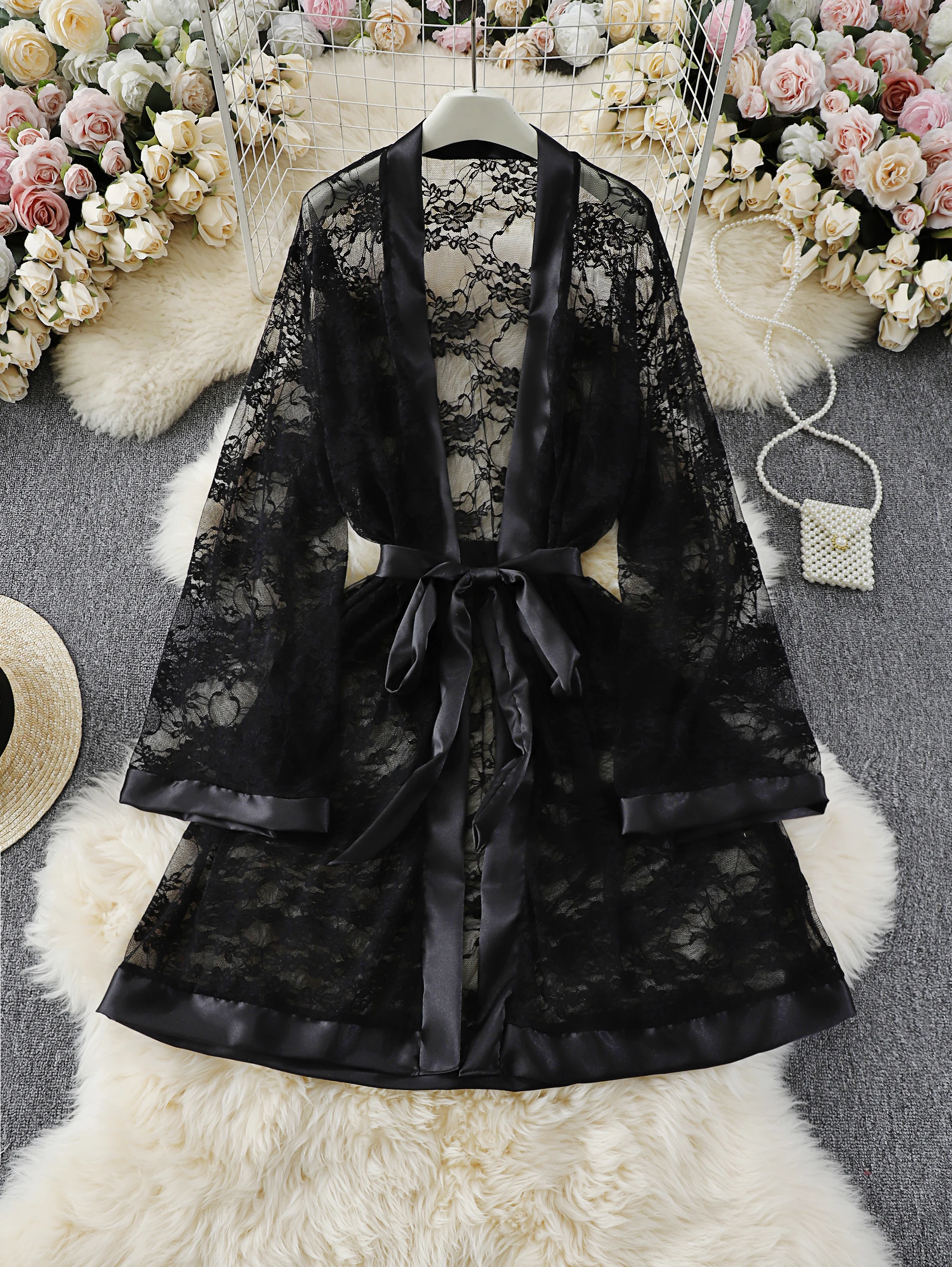 

Plus - Size Black Lace Robe with Satin Trim: Tie - Waist, Sheer Fabric for Elegant Sexy Loungewear.seksi iç çamaşırları kadın