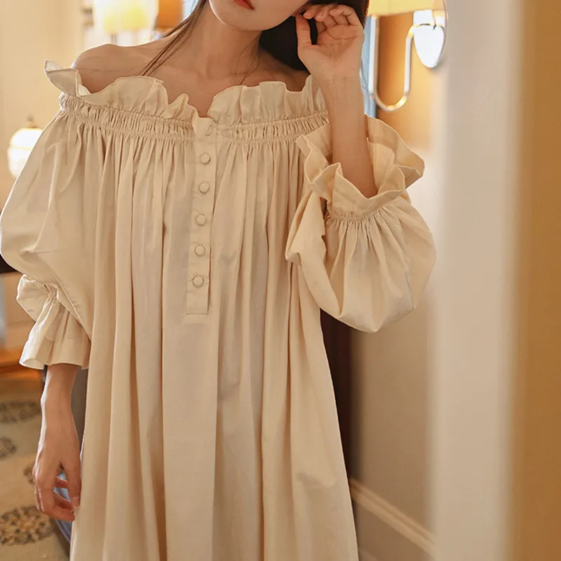 Women Vintage Apricot Full Sleeves Nightgowns Sexy Off-Shoulder Long Ankle-Length Nightdress Victoria Loose Plus Size Nightie