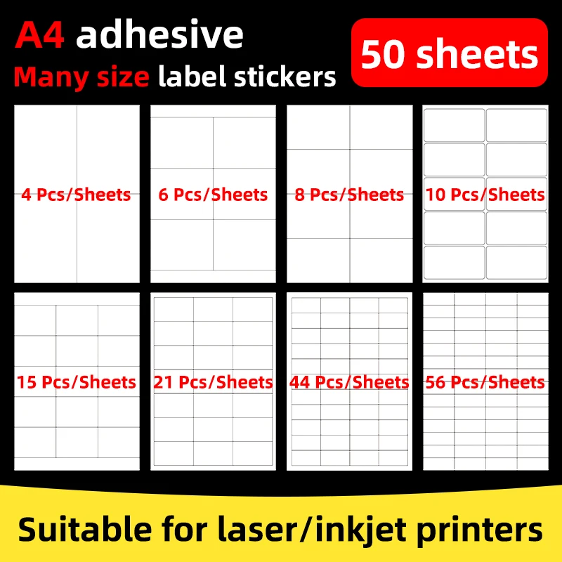 50 Sheets of A4 Matte Self-Adhesive Label Stickers, Each Sheet Contains Multiple Label Stickers, Available in Various Sizes, Compatible with Inkjet Printers and Laser Printers, for Use in Offices, Homes, Mailing Purposes, and a Wide Range of Applications